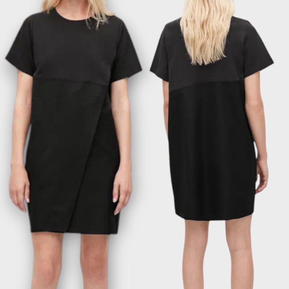 COS Black Short Sleeve Mini Dress Size M Asymmetrical Pockets Front Pleat